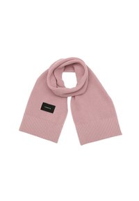 Roza pletena šal z rebrastimi konci in črno oznako z imenom blagovne znamke. Mehek material, srednja dolžina in zanka stil.