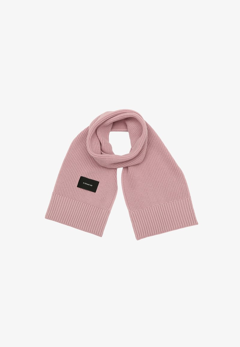 Pink knitted scarf with ribbed ends and a black label displaying the brand name. Soft texture, medium length, and looped style.