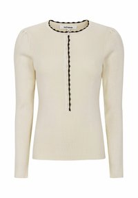 Rippottop mit langen Ärmeln in Creme mit rundem Halsausschnitt und schwarzem gewelltem Abschluss. Verfügt über eine Knopfleiste an der Vorderseite.
