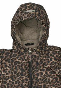 Leopard-print jacket with a soft, fleece-lined interior, hood, zipper closure, and snap buttons. The exterior features a smooth, water-resistant texture.