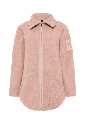 Fleecejakke i lyserød. Har krave, lynlås foran, lange ærmer og afrundet kant. Tekstureret stof med lille løbemønster.