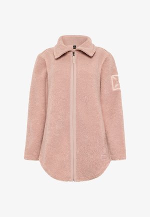 Fleecejack met een lichtroze kleur. Voorzien van een kraag, ritssluiting aan de voorkant, lange mouwen en een afgeronde zoom. Gestructureerde stof met een klein luspatroon.