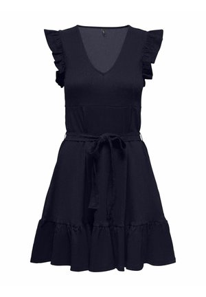 Fekete ujjatlan ruha V-nyakkivágással, fodros vállakkal és szegéllyel, karcsúsított derékkal és elöl megkötött anyagszíjjal.