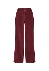Corduroy wide-leg pants in deep burgundy, featuring a high waist, front button closure, and subtle ribbed texture throughout.