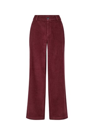 Kordhose im weitem Schnitt in tiefem Burgunderrot, mit hoher Taille, frontaler Knopfverschluss und subtiler gerippter Textur.