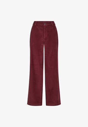 Corduroy wide-leg pants in deep burgundy, featuring a high waist, front button closure, and subtle ribbed texture throughout.