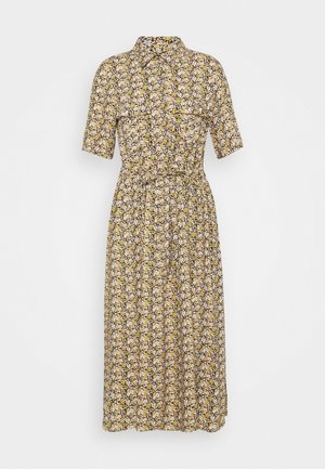 Floral midi dress with short sleeves, buttoned front, collared neckline, and a pattern of small yellow, white, and brown flowers on beige fabric.
