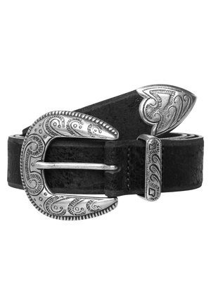 Schwarzer Ledergürtel mit aufwendig verziertem silbernem Schnallenverschluss, Spitze und Schlaufe, die eingravierte, wirbelnde Blumenmuster zeigen.