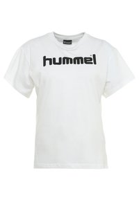 Bílý bavlněný tričko s krátkým rukávem, na přední straně s velkým černým logem "hummel" přes prsa. Kulatý výstřih, pohodlný střih.