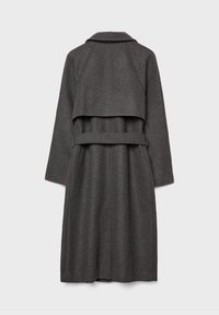 Gray wool blend coat featuring a structured design, belted waist, and a layered back. Long sleeves with a notched collar.