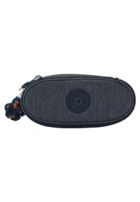 Rastrelliera in denim scuro con chiusura a zip, forma ovale, superficie testurizzata, con logo rotondo e un piccolo portachiavi a forma di scimmia attaccato.