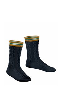 Czarne skarpetki z dzianiny z teksturowanym wzorem w warkocze, z paskowanym mankietem w kolorze brązowym, zielonym i białym. Wysokość do kostki.