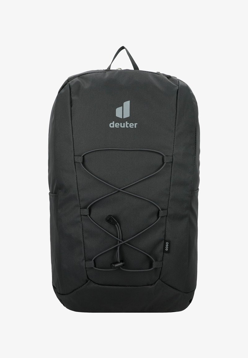 Schwarzer Stoff-Rucksack mit einem schlanken Design, das ein markantes Logo, Bungee-Seil-Details und Seitentaschen aufweist. Texturiertes Material für Langlebigkeit.