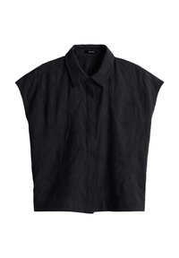 Blusa nera a maniche corte con un motivo a onde testurizzato, caratterizzata da un colletto e una silhouette rilassata.