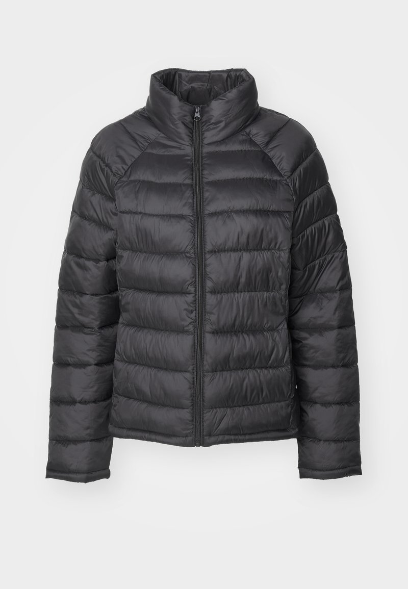 Chaqueta acolchada negra con cuello alto, cierre frontal con cremallera y acolchado horizontal. Fabricada con un tejido ligero y brillante. Corte regular.