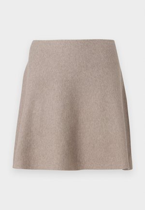 A beige, flared skirt made of soft fabric with a smooth texture and clean hem. Simple design with no visible patterns or embellishments.