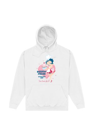 Weißer Hoodie mit einem bunten Grafikdesign eines Charakters mit einem Cupcake, Text "Chocolate Boopin' Fresh Cupcake Mix" und dekorativen Akzenten.
