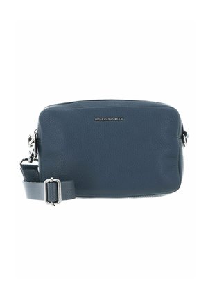 Petite sac bandoulière en cuir bleu foncé texturé avec une sangle réglable et le logo de la marque "Mandarina Duck" en argent à l'avant.