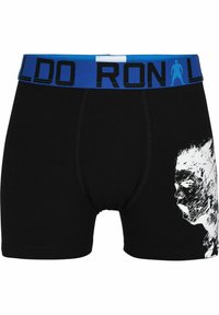 Schwarze Boxershorts für Männer mit einem blauen Bund, der "RON" in schwarzen Buchstaben zeigt, und einem weißen grafischen Design eines Gesichts an der Seite.