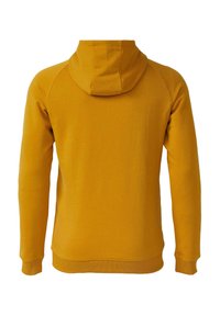 Rückansicht eines schlichten, senfgelben Hoodies mit langen Ärmeln und angenommener Kapuze, präsentiert auf einem weißen Hintergrund.