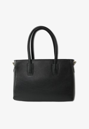 Zwarte leren totebag met een gestructureerde afwerking, voorzien van twee stevige handvatten en een eenvoudige rechthoekige vorm. Geen zichtbare hardware of accenten.