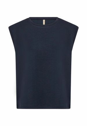 Mörkblå ärmlös topp med rund halsringning, tillverkad av mjukt tyg, med en avslappnad passform och rak fåll. Inga mönster eller dekorationer synliga.