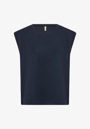 Mornarsko modra brezzapetna majica s okroglo ovratnikom, izdelana iz mehkega materiala, z udobnim krojem in ravnim robom. Ni vidnih vzorcev ali okrasnih elementov.