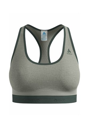 Grauer Sport-BH mit Racerback-Design, das eine glatte Textur, kontrastierende dunkelgrüne Akzente und ein Logo auf der linken Seite aufweist.