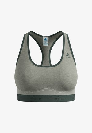 Grauer Sport-BH mit Racerback-Design, das eine glatte Textur, kontrastierende dunkelgrüne Akzente und ein Logo auf der linken Seite aufweist.