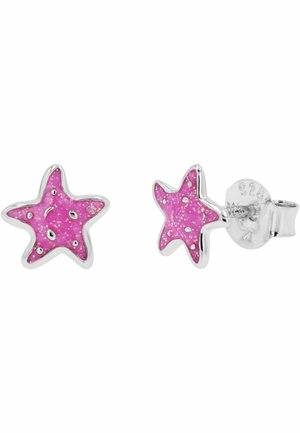 Orecchini a perno in argento a forma di stella marina con smalto rosa brillante e piccole macchie d'argento, dotati di chiusure a farfalla.