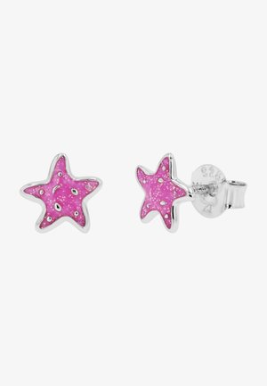 Pendientes de plata en forma de estrella de mar con esmalte rosa brillante y pequeñas motas de plata, con cierres de mariposa.