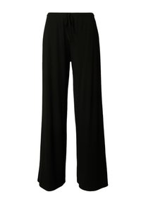 Zwarte wijde pijpenbroek van ribstof, voorzien van een elastische tailleband met verstelbaar trekkoord en een ontspannen pasvorm.