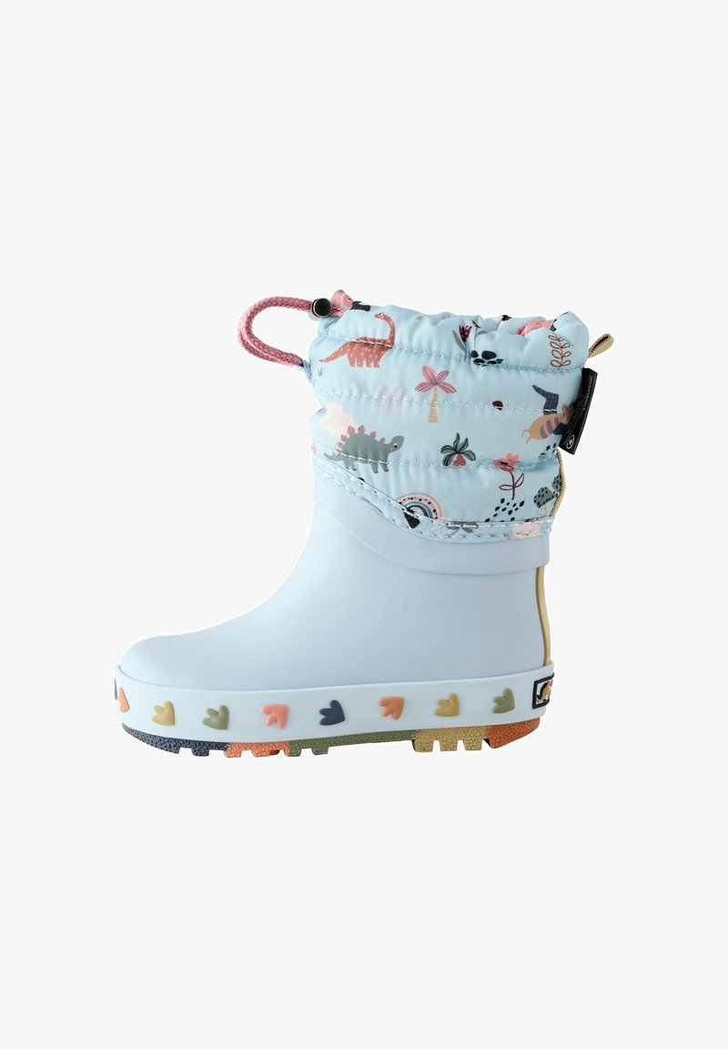 Hellblaue Kinder-Gummistiefel mit Dinosaurier- und Pflanzenmuster, rosa Kordelzugbündchen und mehrfarbigen pfotenförmigen Sohlenakzenten.