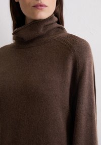 Brauner gestrickter Rollkragenpullover mit entspannter Passform, feiner Textur und dezenten Nahtdetails entlang des Halsausschnitts und der Schultern.