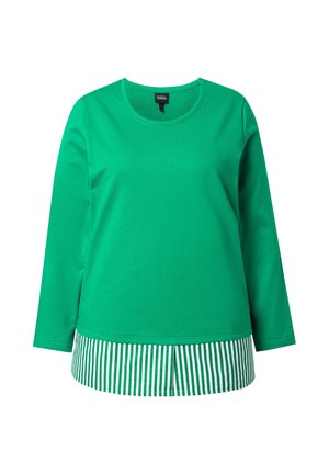 Grünes Langarmshirt mit rundem Ausschnitt und angebrachtem grün-weiß gestreiftem Stoff, der am Saum hervorblitzt.