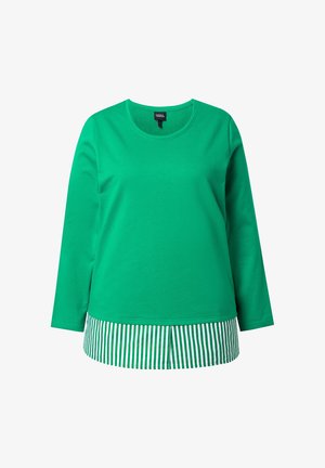 Zelený dlouhý rukáv s kulatým výstřihem a připevněnou zeleno-bílou látkou s vertikálními pruhy, která vykukuje ze spodního okraje.