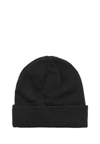 Gorro negro de punto con vuelta, textura suave, parte superior redondeada y un acabado liso. Ideal para mantener el calor y para un uso casual.