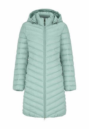 Lyseblå, lang dunjakke med hætte, lynlås foran, sidelommer og chevron-quiltet mønster.