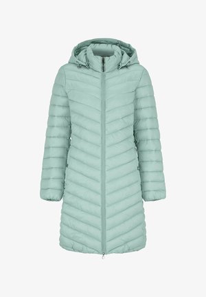 Lyseblå, lang dunjakke med hætte, lynlås foran, sidelommer og chevron-quiltet mønster.