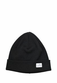 Black knit beanie hat with a rolled cuff, textured fabric, and a small white fabric label on the front displaying a signature logo.