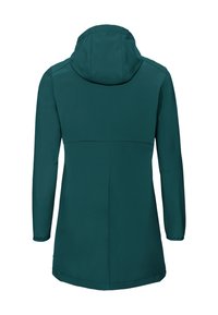 Chaqueta con capucha de manga larga en verde oscuro con un dobladillo ligeramente acampanado, mostrada desde atrás sobre un fondo blanco.