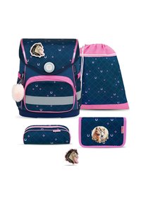 Navy and pink school backpack set, featuring a diamond pattern, reflective strip, and a pom-pom accent; includes pencil case and drawstring bag.