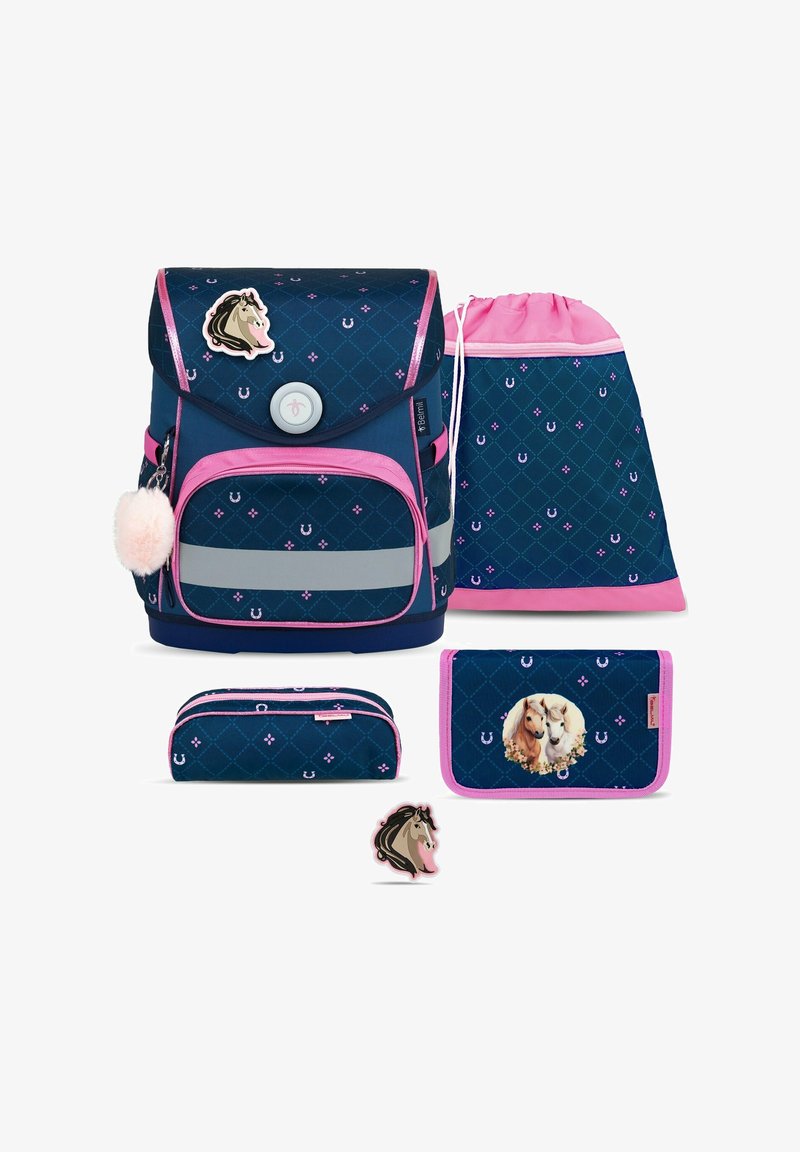 Navy and pink school backpack set, featuring a diamond pattern, reflective strip, and a pom-pom accent; includes pencil case and drawstring bag.