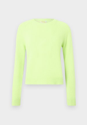 Light green knit sweater with long raglan sleeves and ribbed cuffs and hem, featuring a soft texture and casual design.