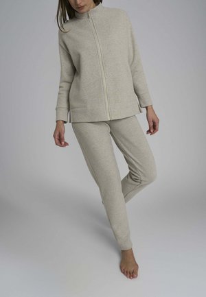 Felpa grigia chiara con zip, maniche lunghe e pantaloni della tuta coordinati a gamba affusolata. Tessuto morbido con una texture liscia e dettagli delle cuciture discreti.