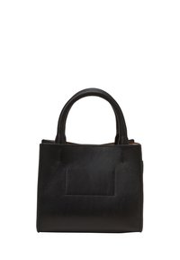 Musta nahkainen käsilaukku, jossa on jäsennelty muotoilu, yläkahvat ja edessä litteä suorakaiteen muotoinen koriste. Sileä pinta ilman näkyvää metalliosaa.