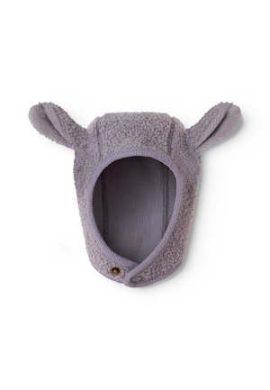 Cagoule en polaire violette douce avec deux oreilles arrondies en tissu et fermeture pression sous le menton, conçue pour la chaleur.