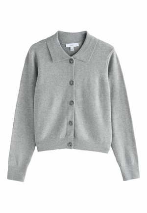 Grauer Cardigan aus weichem Material mit einem Kragen, sechs Knöpfen, geripptem Saum und langen Ärmeln. Glatte Textur über die gesamte Oberfläche.