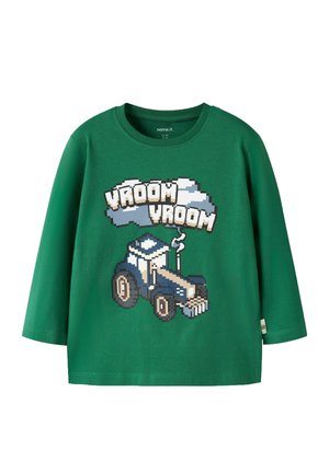 T-shirt vert à manches longues pour tout-petit avec un tracteur style pixel et une bulle de dialogue indiquant « "VROOM VROOM" » sur le devant.