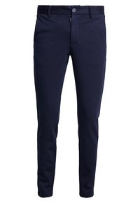 Pantalon slim-fit bleu marine avec fermeture à bouton, braguette zippée, passants de ceinture et poches avant.